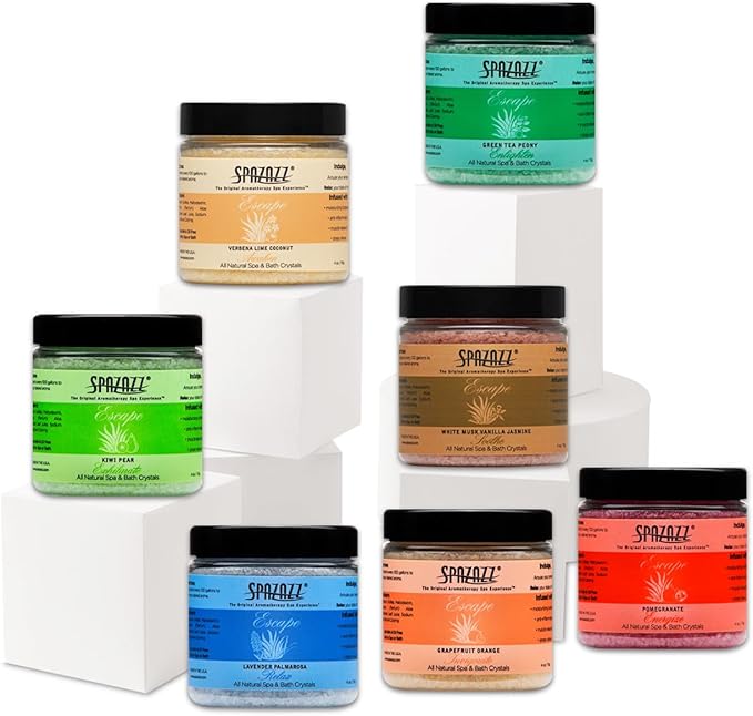 Hot Tub & Spa Bath Salt Aromatherapy Crystals - Spazazz Escape Collection 4 Oz 7-Pack Sampler & Hot Cold Towel - Lavender, Lime Coconut, Green Tea, Vanilla Jasmine, Kiwi Pear, Grapefruit, Pomegranate