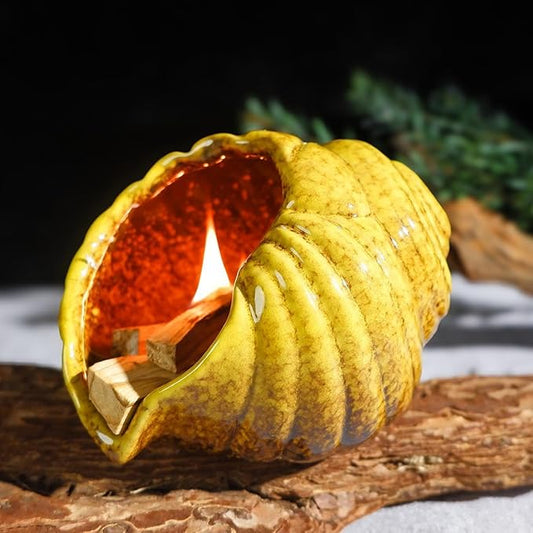 Yellow Ceramic Conch Palo Santo Holder - Mini Chimney Incense Burner, Tabletop Smudge Bowl Compatible with Sage/Sticks/Cones/Copal,for Yoga、Zen Meditation、Witchcraft, Ideal Altar Decor Gift