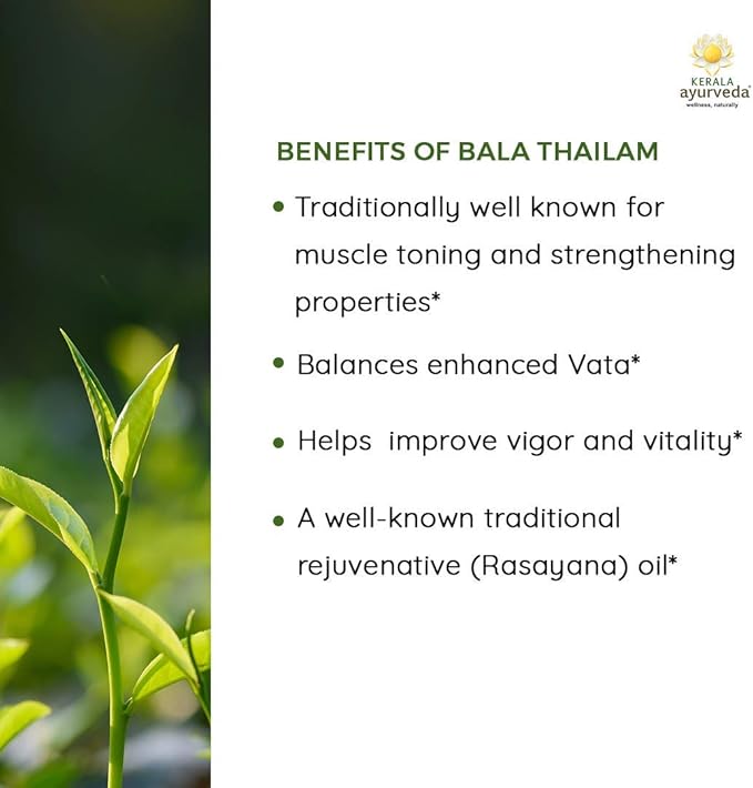 Kerala Ayurveda Bala Thailam - Ayurvedic Daily Massage Rejuvenative Oil for Body - Strengthens & Tones Muscles & Balances Vata, 6.8 Fl Oz