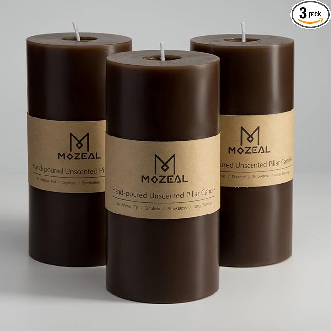 MOZEAL 3" x 6" Hand-Poured Unscented Candle,Dripless Pillar Candle Set of 3,Long Lasting Burning,Approx 120 Hours Burn Time,Rustic Country Style,for Wedding,Dinner,Christmas and Home Decor,Brown