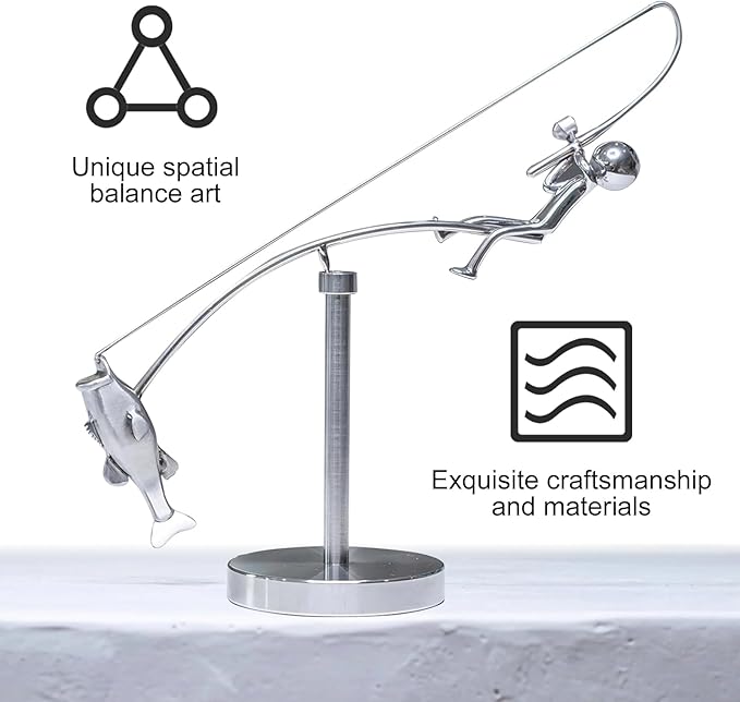 Kinetic Fishing Sculpture, Balance Art for Your Space, Metal Fishing Statue Home Office Desktop Ornament for Home Office Art Deco-B