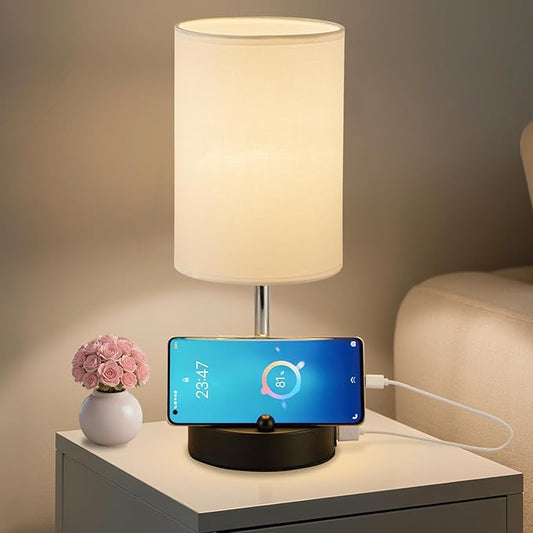 Briever Touch Control Table Lamp for Bedroom, 3-Way Dimmable Nightstand Lamp with USB USB A+C Charging Ports, Bedside Desk Lamp with Phone Stand & Linen Fabric Shade for Livingroom, Bulb Included