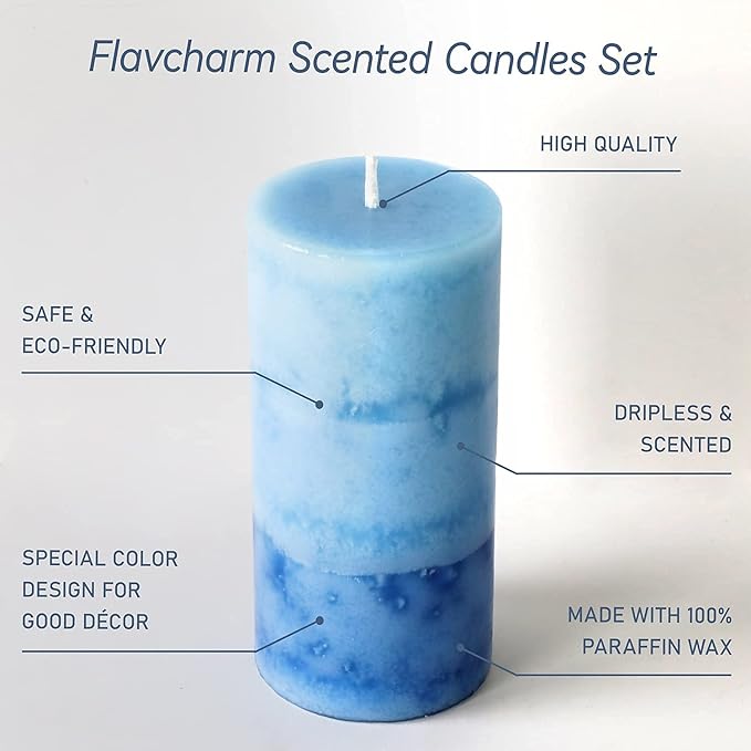 Lilac Scented Pillar Candles - 3 Pack Blue Layered 3x6 Inch Long-Lasting Clean Burning Decorative Candle for Home Decor and Bathroom Decorations