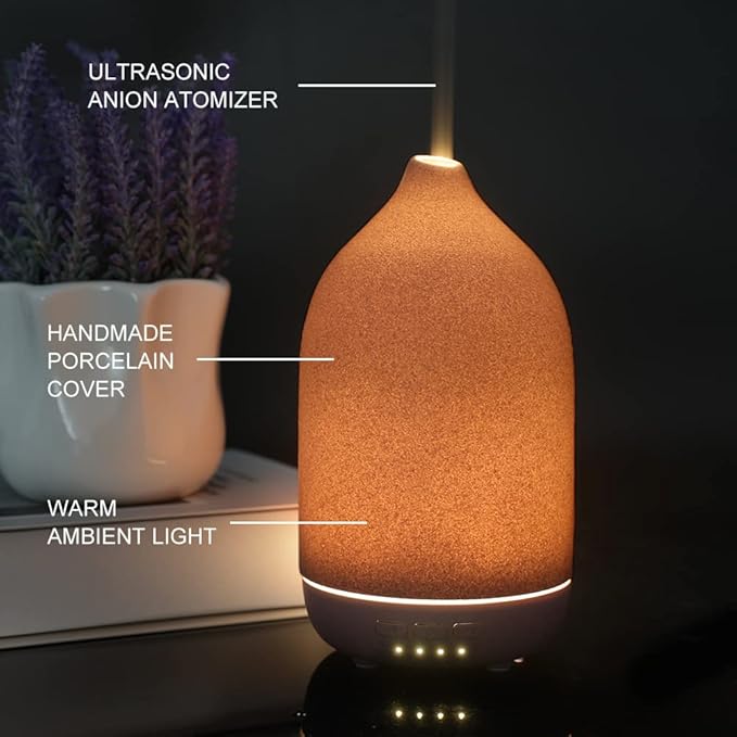 Essential Oil Diffusers, Aromatherapy Diffuser for Essential Oils, 100ml Ceramic Oil Diffusers for Large Room - 5 Timers, Warm Ambient Light, Auto-Off