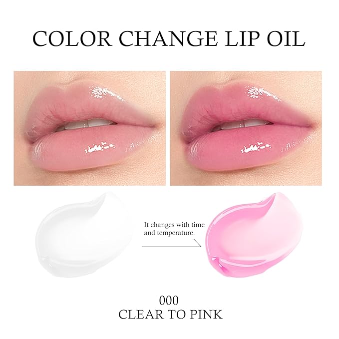 KYDA Hydrating Lip Glow Oil, Clear to Pink, Color Change Effect, Moisturizing Transparent Plumping Lip Oil Tinted for Lip Care and Dry Lips