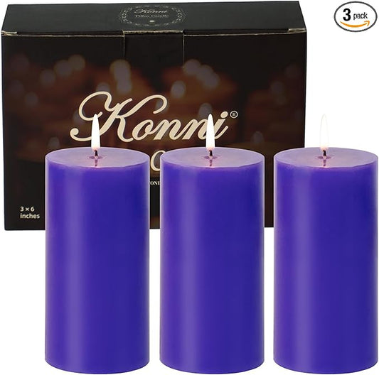 KONNI Violet Pillar Candles Set of 3, 3"x 6" Unscented Pillar Candles Bulk, 56 Hours Long Burning Candles, Smokeless and Dripless Large Round Candle for Wedding, Home Decoration, Parties, Spas, Dinner