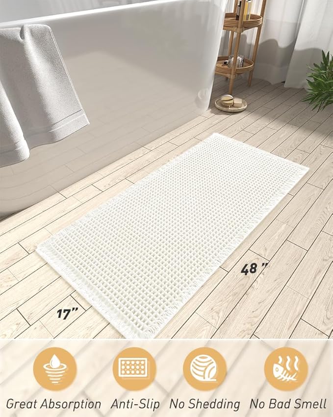 AMOAMI Waffle Runner Rug Super Absorbent Non Slip Bath Mats for Bathroom Floor, Machine Washable Boho Bathroom Runner Rug with Tassels, Ideal for Hallway Bedroom Laundry Room, 17" x 48"