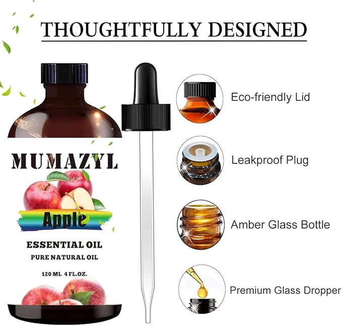 Apple Essential Oil, Apple Oil 4 Fl Oz 120ML for Diffuser Humidifier Yoga Cleaning DIY Candle Soap Making Essential Oils