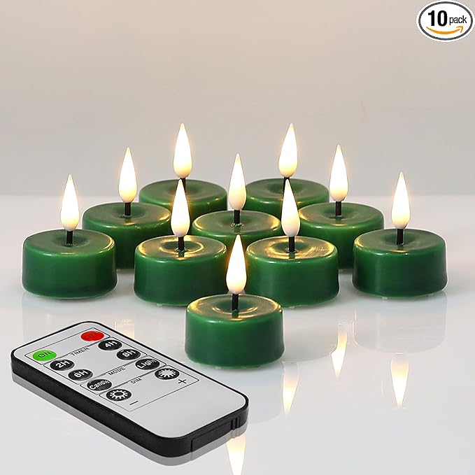 Eywamage Green Flameless LED Wax Tealights with Remote Batteries, Flickering Battery Colored Tea Votive Candles Set of 10