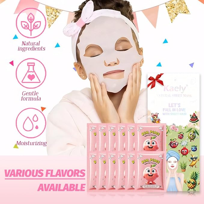 Kaely 12 Pack Peach Face Masks for Kids, Kids Face Mask Spa Day Kit Supplies, Spa Party Favors for Teens Girls Women, Sheet Facial Mask Skincare Gifts Set, Moisturize Soothe for All Skin Types, 08