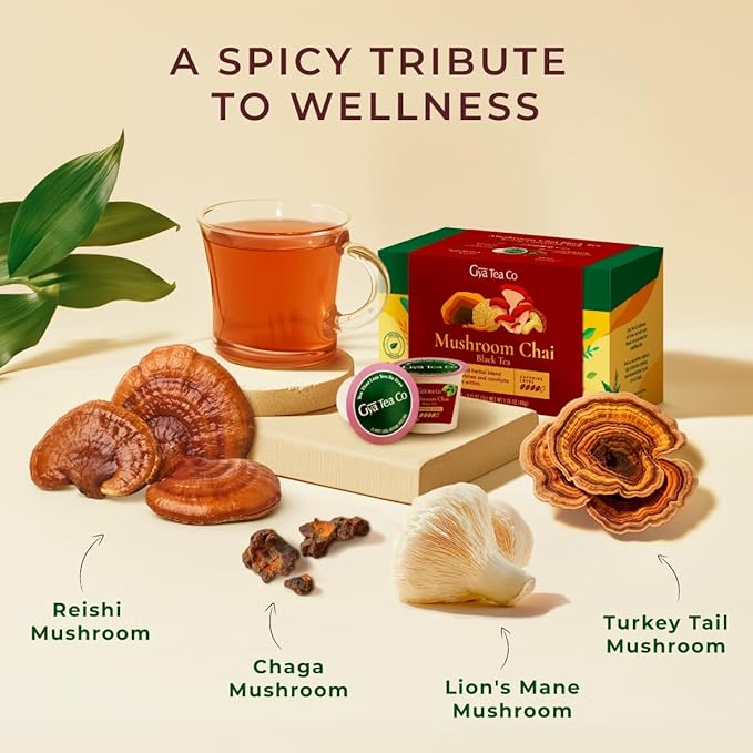 Gya Tea Co Caffeinated Mushroom Chai Black Tea Pod (16 Count) - Smooth, Flavourful, Robust, Enjoy Hot or Iced