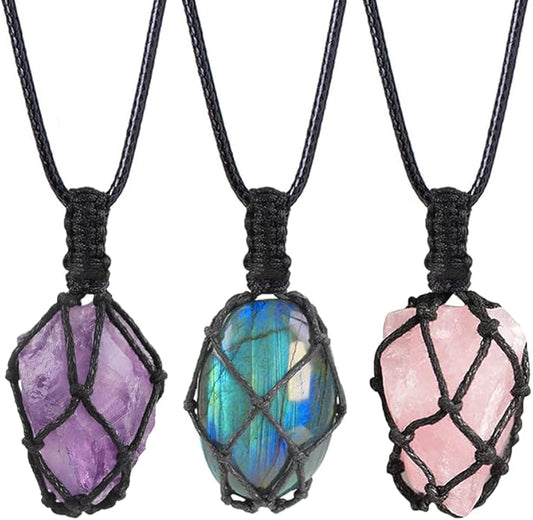 Handmade Natural Gemstone Crystal Pendant Necklace Stone Holder Necklace Cord Net Necklace with Adjustable Length for Women Men
