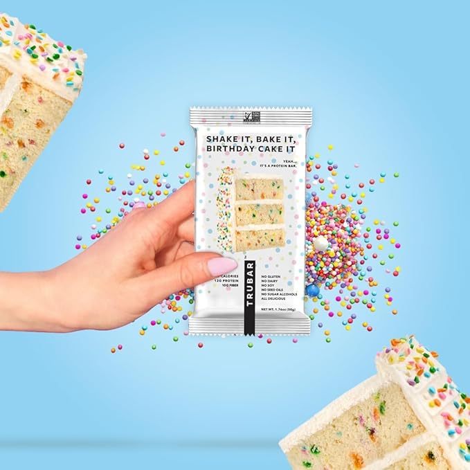 TRUBAR Vegan Protein Bar, Shake it Bake it Birthday Cake it, Gluten Free, Plant Based Protein, Dairy Free, Non GMO, Soy Free, No Sugar Alcohols, 12G Protein, 12G Fiber, 23G Carb, On the Go Snack Bars, 12 ct