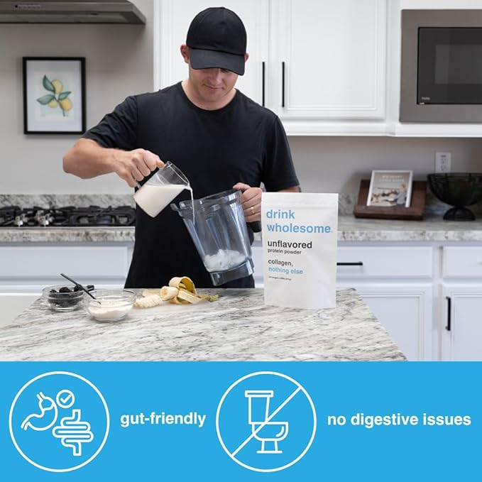drink wholesome Unflavored Collagen Protein Powder | for Sensitive Stomachs | Gut Friendly | Dairy Free | Low FODMAP | No Artificial Sweeteners | No Bloating or Gas | No Constipation or Diarrhea