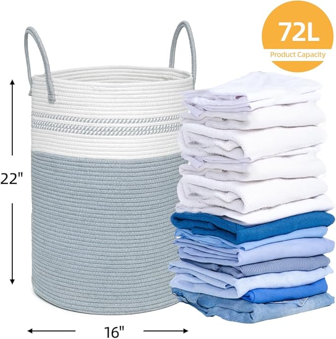 72L Tall Laundry Basket, Cotton Rope Laundry Hamper, Laundry Hamper with Handles, Decorative Woven Basket for Dirty Clothes, Blankets, Pillows in Bathroom, Bedroom (Gray, 16 x 22in)