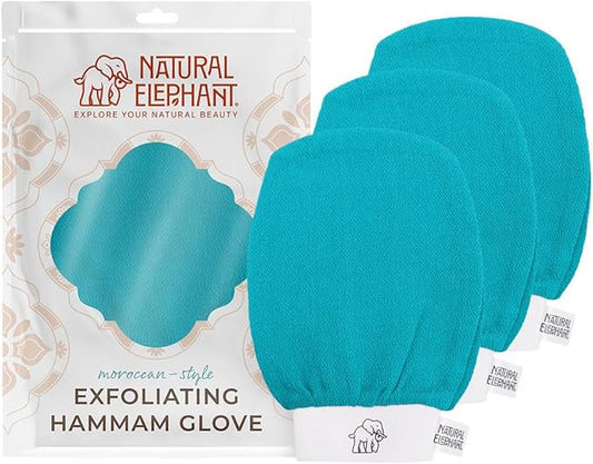 Natural Elephant Exfoliating Hammam Glove | Authentic Moroccan Kessa Body Scrub Mitt for Spa-Quality Skin Renewal | Teal Waves 3 Pack