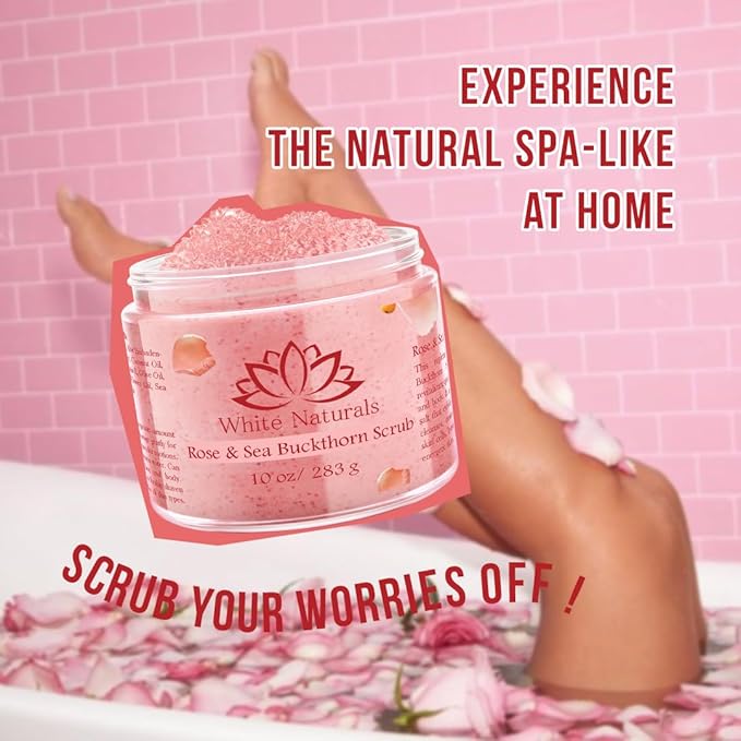 Organic Rose & Sea Buckthorn FACE & BODY SCRUB, Natural & Pure Exfoliating Scrub for Soft & Smooth Skin, Infused With Essential Oils, Moisturizer for Women & Men, Removes Blackheads, Acne & Dead Skin