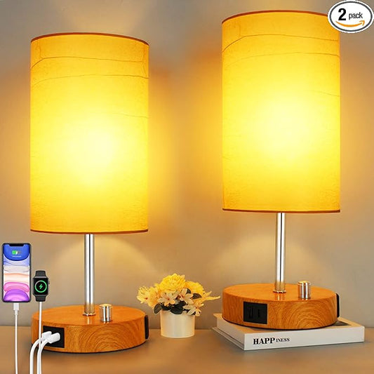 HiBay 17.75" H Dimmable LED Bedside Table Lamps Set of 2 with USB Charging Ports & AC Outlet, Modern Wood-Grain Nightstand Lights for Bedroom, Office, Living Room, Kids Room, E26 Bulb Included