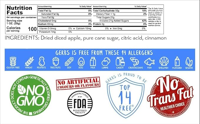 Gerbs Dried Cinnamon Sugar Apple Cubes 4 lbs. | Unsulfured, No Additives, Resealable Bag | Naturally Sweet & Spiced | Top 14 Allergen-Free