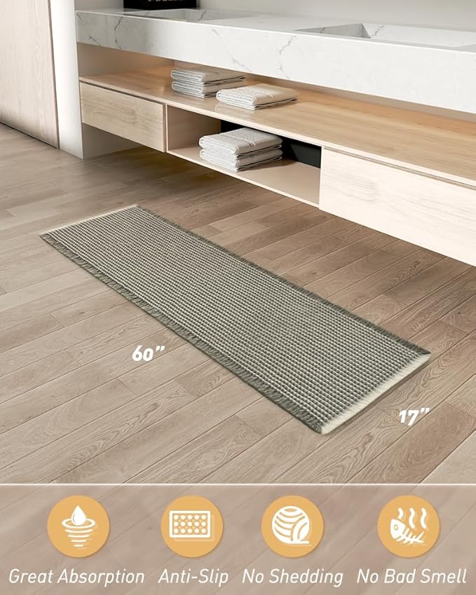 AMOAMI Upgraded Waffle Runner Rug Super Absorbent Non Slip Bath Mats for Bathroom Machine Washable Bathroom Runner Rug with Tassels, Ideal for Hallway Bedroom Laundry Room, 17" x 60‘’, Green & Cream