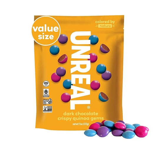 UNREAL Dark Chocolate Quinoa Gems (Value Size Bag) | Vegan, Colors from Nature | Fair Trade, Non-GMO | Gluten Free, No Sugar Alcohols or Soy | 11oz