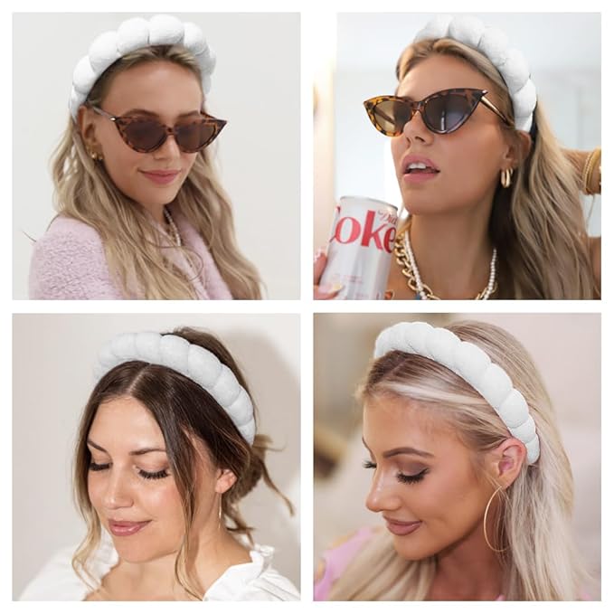 Spa Headbands for Washing Face or Makeup, Sponge Bubble Skincare Headbands, Puffy Terry Cloth Hairband for Women, Skin Care Makeup Headwear Hair Accessories for Girls (White)