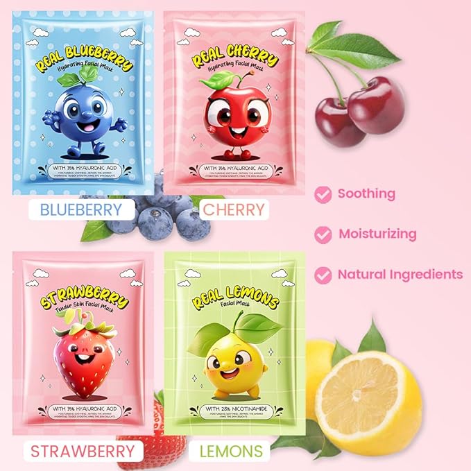evpct 12 Pack Fruit Kids Face Masks for Kids Girls Spa, Girls Kids Facial Spa Day Slumber Sleepover Birthday Party Favors Supplies Kit for Girl, Kid Friendly Facial Face Masks Bulk Skincare for Kid, 1