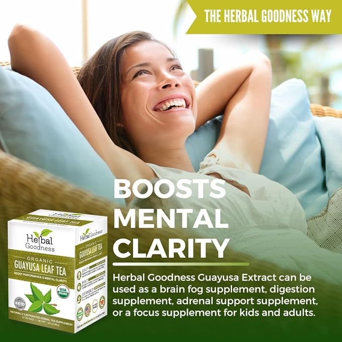 Herbal Goodness Organic Guayusa Leaf Tea Bags – Natural Energy Tea with Antioxidants & Smooth Caffeine | Smooth Focus | 24 Eco-Friendly Teabags – Caffeine Boost Without Jitters - | Yerba Mate Alternative, with Herbal Loose Leaf Tea Benefits
