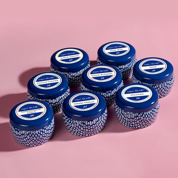 Capri Blue Volcano Scented Mini Tin Candle - Printed Mini Tin Jar Candle - Luxury Candles for Home Scented with Tropical Fruit & Sugared Citrus - Soy Candle Wax Blend - Blue Candle (3 oz)