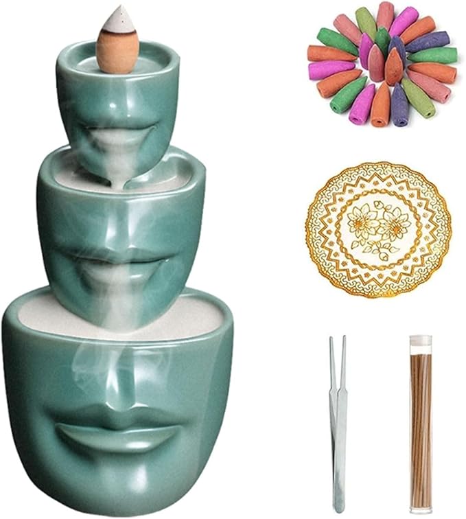Comeon Backflow Incense Burner Holder, Face Handicraft Decor, Resin Reverse Flow Incense Burner Censer Cone + 20 Backflow Incense Cones 30 Incense Sticks 1 Tweezer 1 Mat (Matte Green)