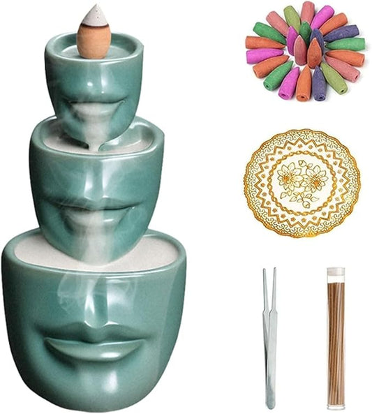 Comeon Backflow Incense Burner Holder, Face Handicraft Decor, Resin Reverse Flow Incense Burner Censer Cone + 20 Backflow Incense Cones 30 Incense Sticks 1 Tweezer 1 Mat (Matte Green)