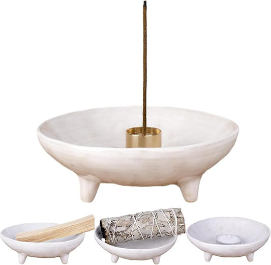 Incense Holder, Ceramic Burner Bowl with 9-Hole Insert, Tripod Design & Ash Catcher, for Sticks, Cones, Sage & Palo Santo – Handmade, Heat-Resistant & Easy to Clean, 6.15-Inch (White)