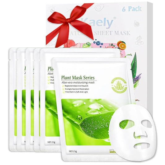Kaely 6 Pack Aloe Vera Sheet Masks, Hydrating Smoothing Face Masks for Women Men, Facial Mask Skin Care Korean, Moisturize Nourish for All Skin Types, Birthday Christmas Gifts, Set09