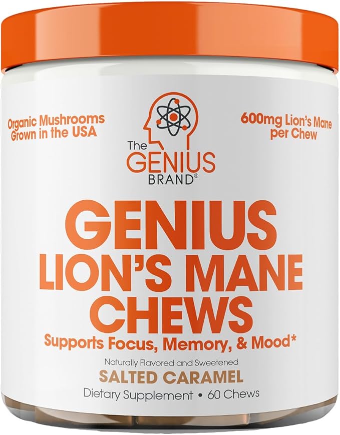 Genius Lion's Mane Soft Chews Supplement – Nootropic Mushroom for Focus, Clarity, Memory, Energy, Brain Health Support – Salted Caramel Flavor