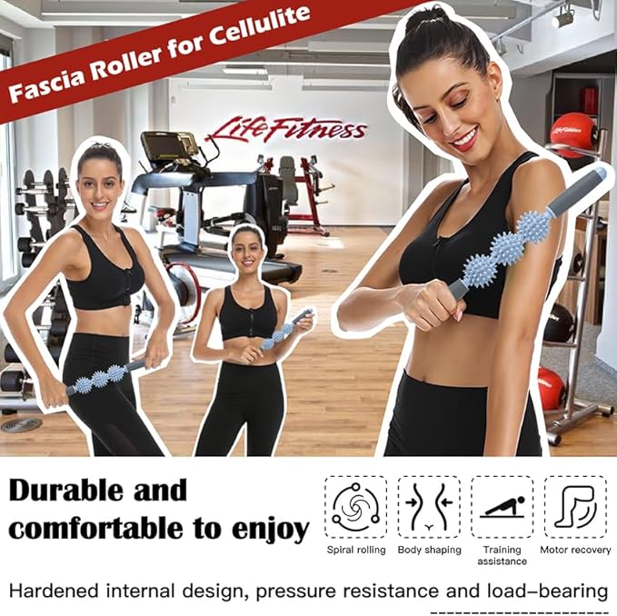 Fascia Muscle Roller, Cellulite Massager Fascia Roller for Cellulite and Sore Muscles, Neck, Leg, Back, Pressure Trigger Point Body Roller Deep Tissue Massage Stick Tools - 3 Massage Balls | Blue