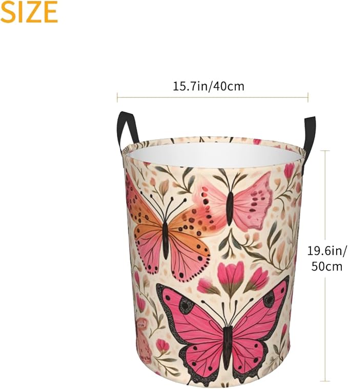 Laundry Basket Colored Pink Butterflies Collapsible Large Capacity,Dirty Clothes Basket Durable Lightweight Hamper With Handles Ideal For Clothes,Toys Home Organization size19.6iN *15.7in,63L