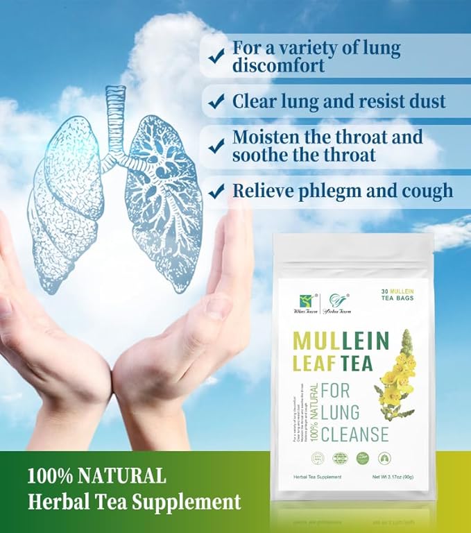 Mullein Tea Bags for Cleanse, Respiratory Support and Mucous Membranes, Herbal Tea Caffeine Free 3g X 30 Tea Bags