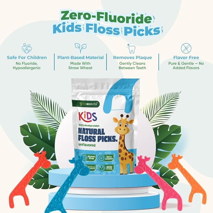 Unflavored Biodegradable Kids Flossers - Dental Floss Picks for Children | Fluoride & Plastic-Free | Colorful & Fun Animal Floss Sticks | Eco Friendly, Vegan, Natural (200 Pack)