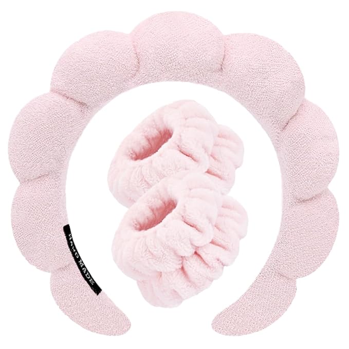 Spa Headbands for Washing Face Wristband Set Sponge Makeup Skincare Headband Wrist Towels Bubble Soft Terry Towel Cloth Hairband for Women Puffy Headwear Non Slip Thick Thin Hair Headwear (Light pink)