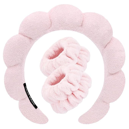 Spa Headbands for Washing Face Wristband Set Sponge Makeup Skincare Headband Wrist Towels Bubble Soft Terry Towel Cloth Hairband for Women Puffy Headwear Non Slip Thick Thin Hair Headwear (Light pink)