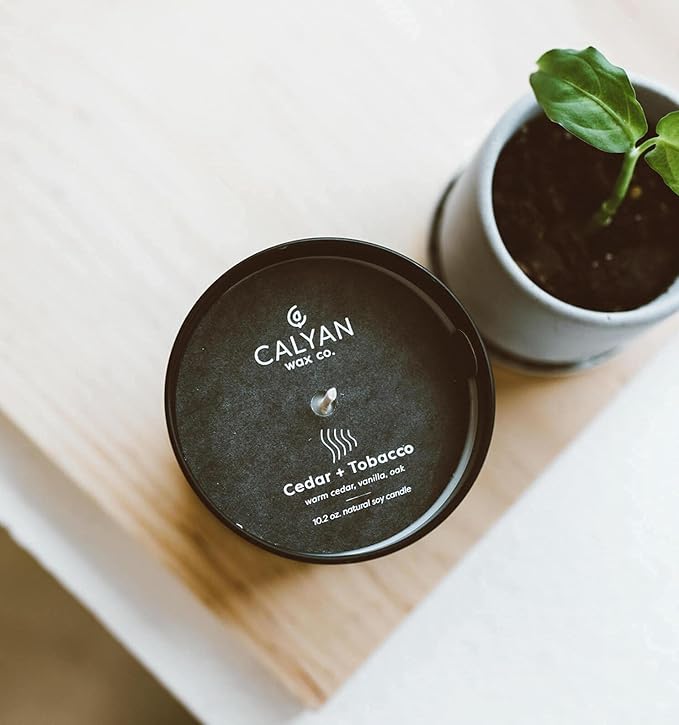 Calyan Wax Co. Soy Wax Candle, Cedar + Tobacco Scented Candle, 75 Hour Burn Time, Aromatherapy Soy Candles, Non Toxic & Vegan Soy Wax, Black Tumbler Scented Candles, 13oz