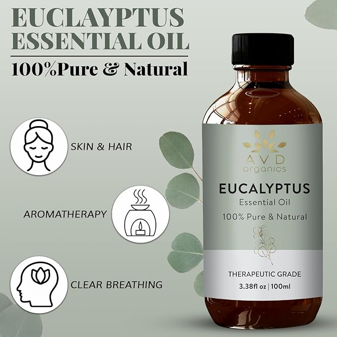 Eucalyptus Essential Oil for Diffuser | 100% Pure and Natural Eucalyptus Oil | for Skin Body Aromatherapy Home Fragrance Carrier Bath Steamroom 3.38 fl. Oz…