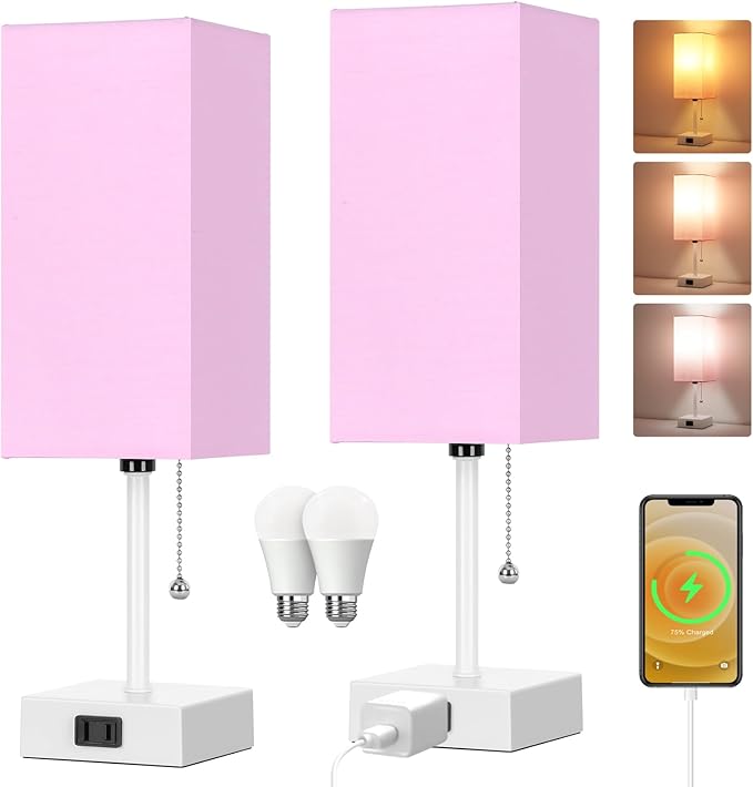 15'' Table Lamp for Bedroom set of 2,3-Color Bedside Lamps with Pull Chain Table Lamps for Night stands ,Small Night Light Lamps with 2 Bulbs Lamps for Living Room Kids Room Office Decor（Pink+White）