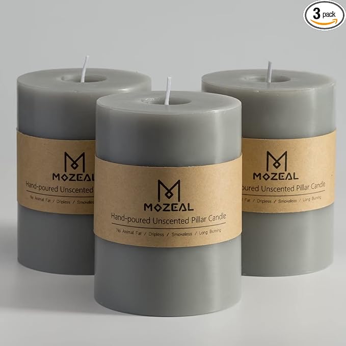 MOZEAL 3" x 4" Hand-Poured Unscented Candle,Dripless Pillar Candle Set of 3,Long Clean Burning,Approx 72 Hours Burn Time,Rustic Country Style,Wedding,Dinner,Christmas and Home Decor,Gray