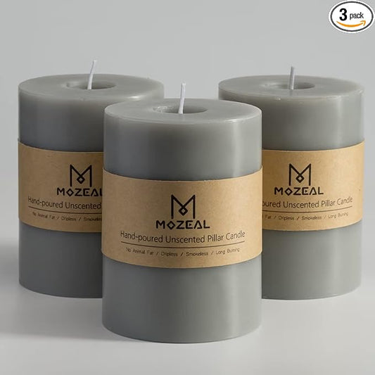 MOZEAL 3" x 4" Hand-Poured Unscented Candle,Dripless Pillar Candle Set of 3,Long Clean Burning,Approx 72 Hours Burn Time,Rustic Country Style,Wedding,Dinner,Christmas and Home Decor,Gray
