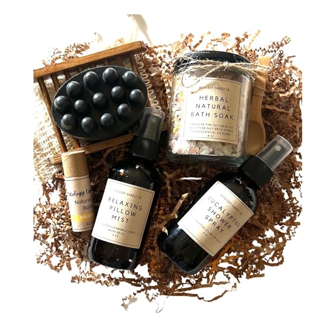 Handmade Spa Set, Natural Self-Care Essentials, Relaxing Gift Sets for Her,Gifts for Women, herbal natural bath soak, natural lip balm,relaxing pillow mist, Eucalyptus shower spray, Charcoal Soap Bar