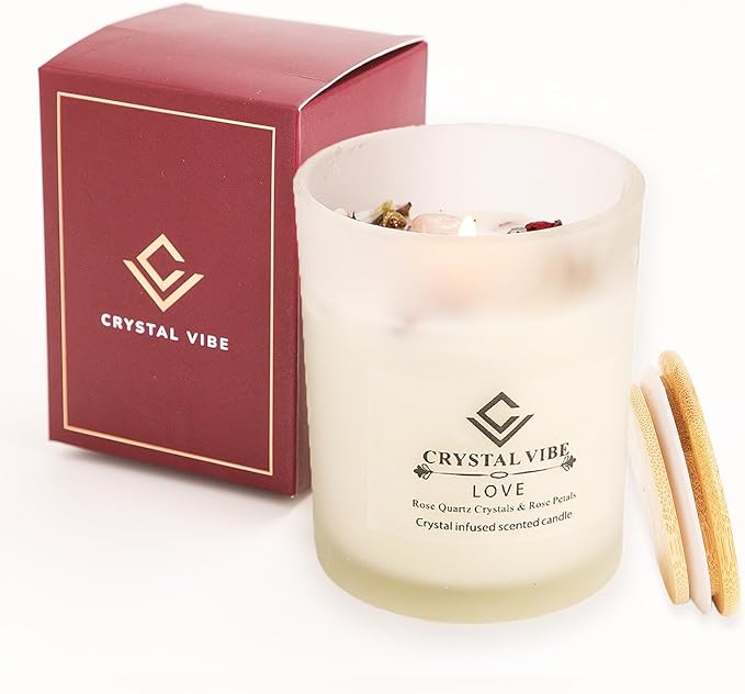 Crystal Vibe Rose Scented Candle for Love Romance Attraction - Love Candle with Rose Quartz Crystals - Aromatherapy Candles