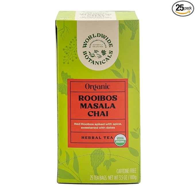 Worldwide Botanicals Rooibos Masala Chai Herbal Tea, 25 Tea Bags - Organic, Caffeine Free, Kosher, 50% More Herbs