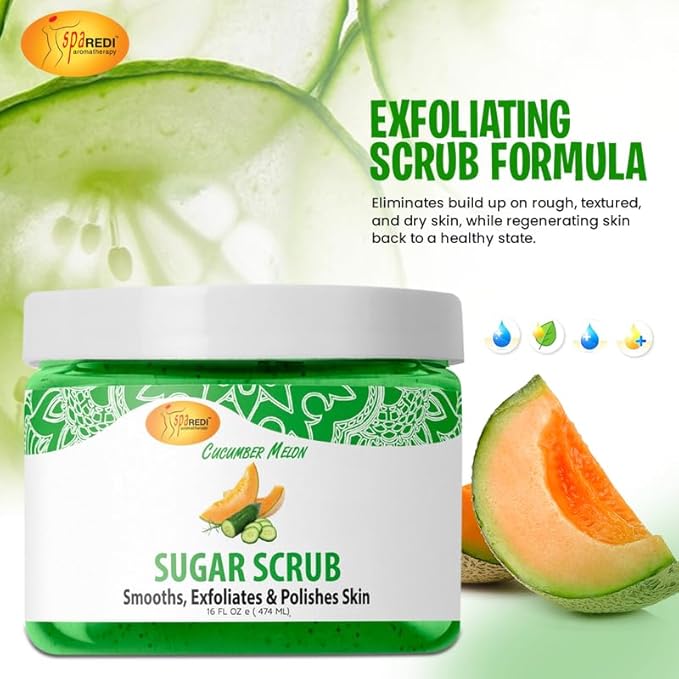 SPA REDI – Sugar Body Scrub, Cucumber Melon, 16 Oz, Exfoliating, Moisturizing, Hydrating and Nourishing, Glow, Polish, Smooth and Fresh Skin - Body Exfoliator