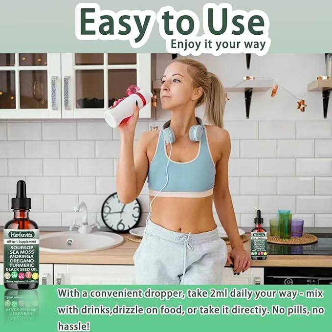 Herbavita Soursop Liquid Drops 10 in 1 with Sea Moss, Moringa, Turmeric, Black Seed Oil – Vegan, Non-GMO Immune & Energy Support – 2 fl oz